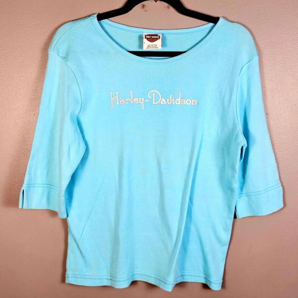 Harley-Davidson Womens L Scoop Neck 3/4 Sleeve Gettysburg PA‎ Graphic Blue Tee